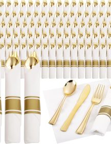 Supernal 120 Pack Gold Plastic Cutlery Set with Napkin, Wrapped Disposable Silverware, Pre Rolled Napkins