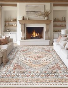 zesthome 8x10 Area Rugs for Living Room,Non-Slip Backing Washable Rugs,Vintage Large Area Rug，Stain Resistant Home Decor Rug (Orange,8'x10')